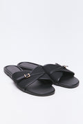 Black Metal Trim Mule Sandals