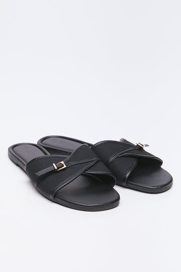 Black Metal Trim Mule Sandals