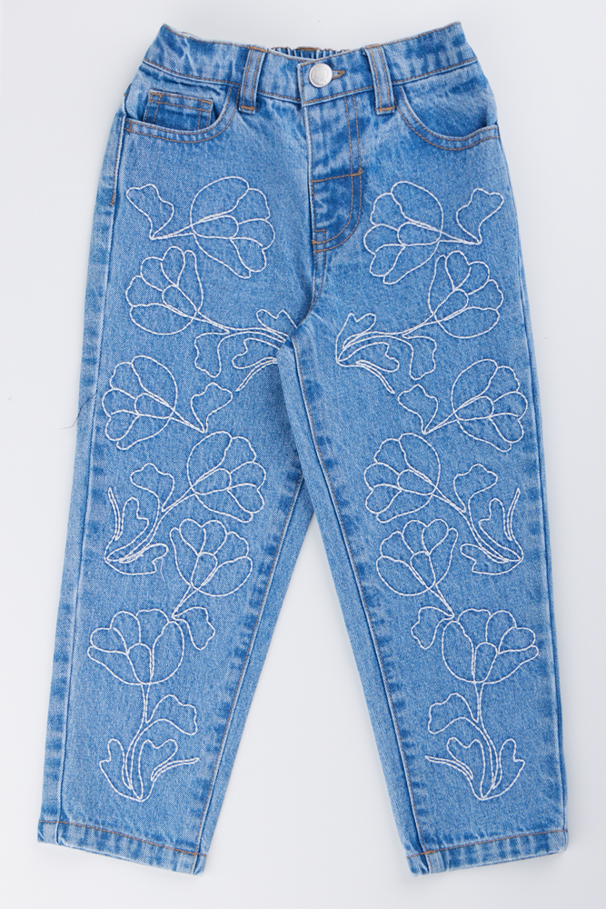 Blue Floral Embroidered Jeans