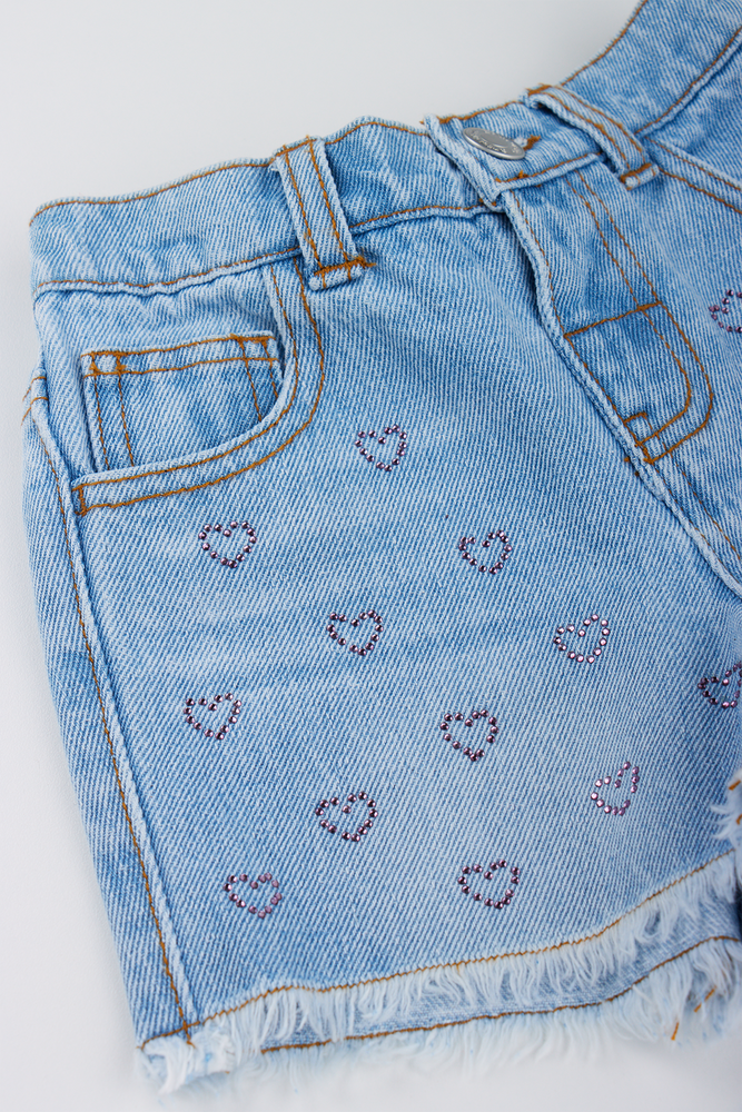 Blue Rhinestone Heart Denim Shorts (1)