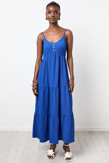 Blue Crinkle Textured Midi Dress