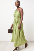 Green Crinkle Halter Maxi Dress