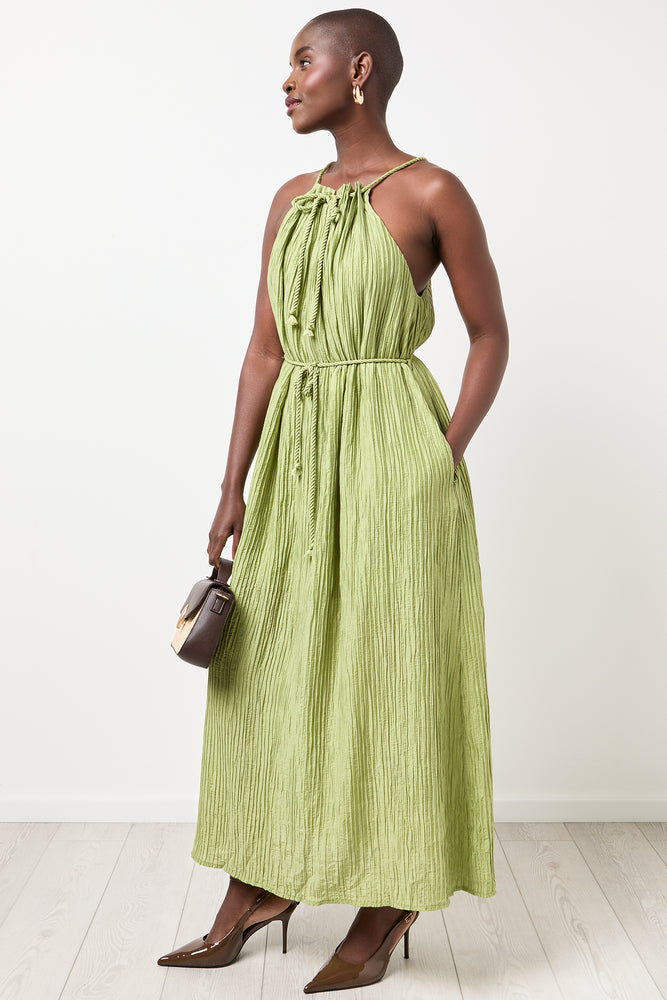 Green Crinkle Halter Maxi Dress (1)
