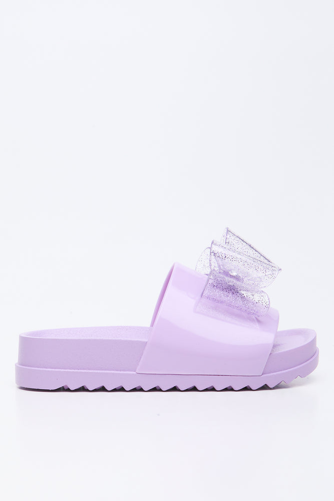 Lilac Glitter Bow Jelly Slides (1)