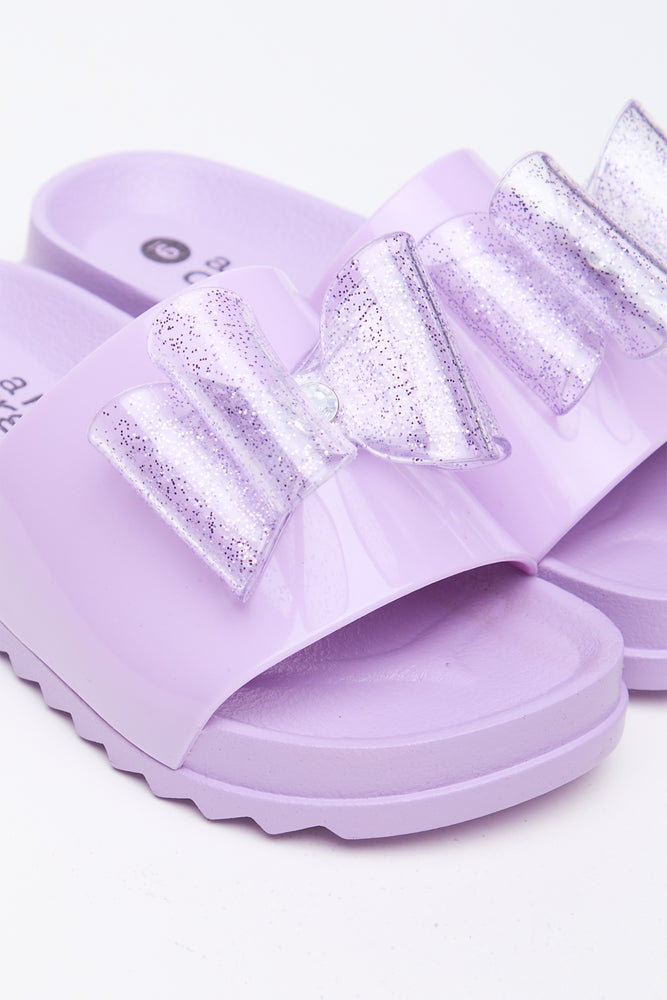 Lilac Glitter Bow Jelly Slides (2)