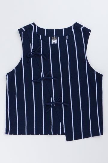 Navy Striped Shell Top With Bows