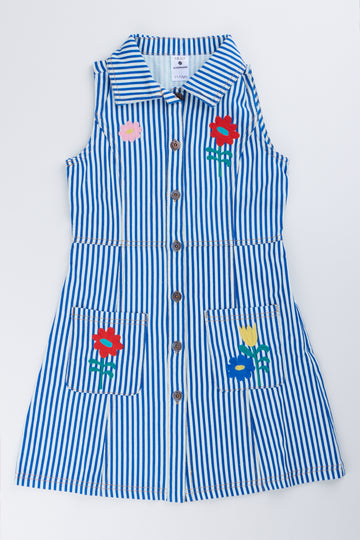 ME&B Striped Floral Embroidered Denim Dress