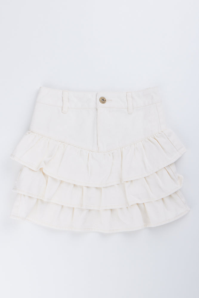 ME&B Cream Ruffled Denim Mini Skirt