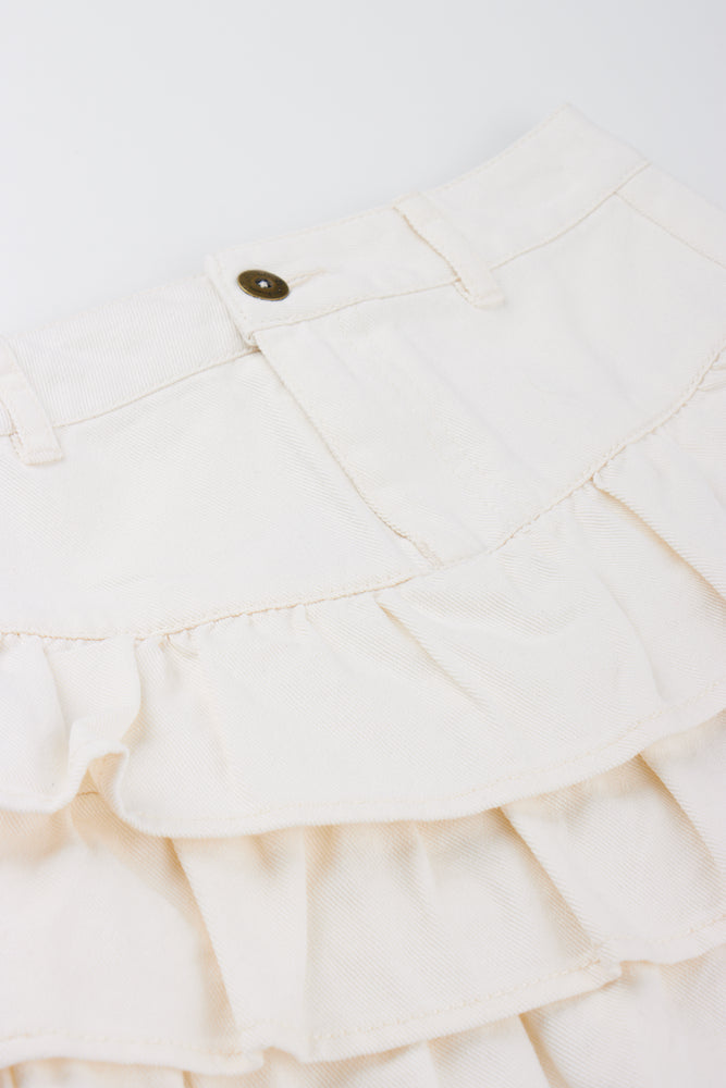 ME&B Cream Ruffled Denim Mini Skirt (1)