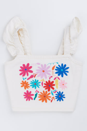 ME&B Embroidered Floral Cream Denim Top