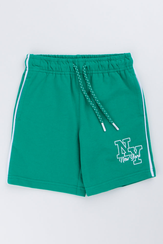 Green NY Print Fleece Shorts