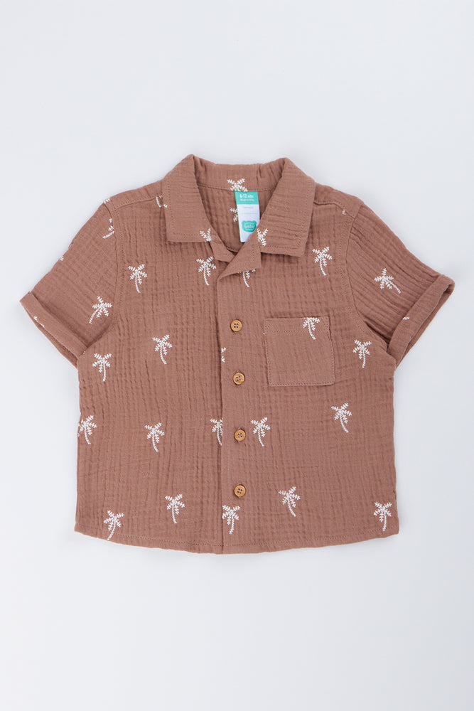 Brown Palm Print Embroidered Shirt