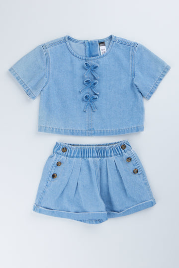 Bow Detail Denim Short Set