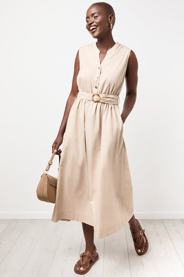 Beige Sleeveless Belted Shirt Dress