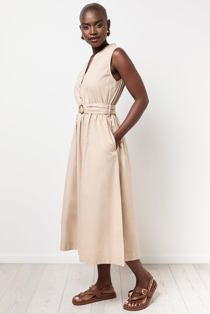 Beige Sleeveless Belted Shirt Dress (1)