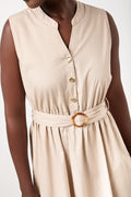 Beige Sleeveless Belted Shirt Dress (3)