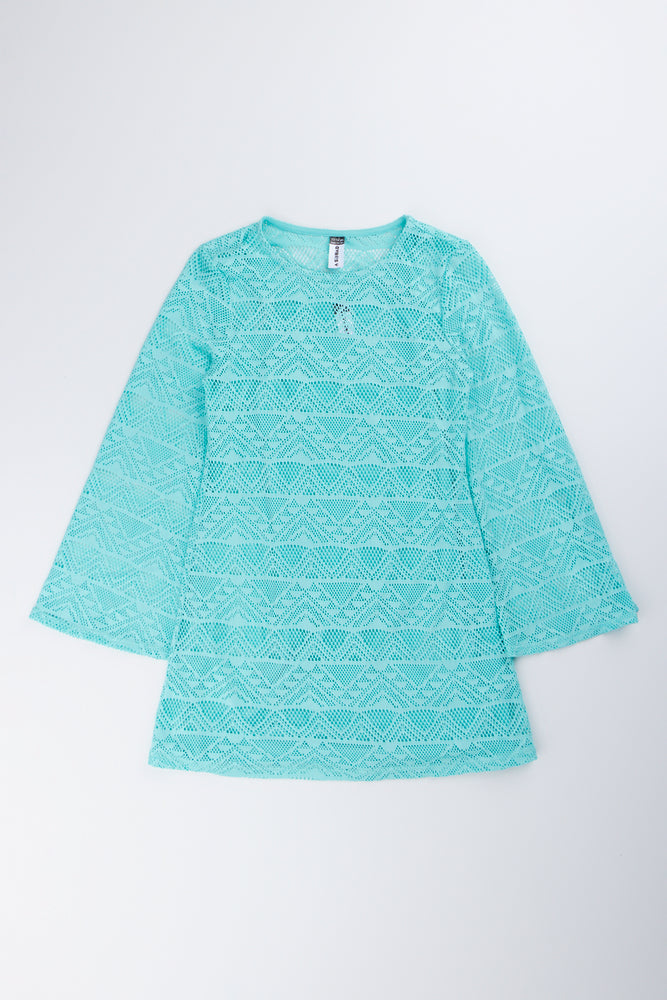 Aqua Crochet Bell Sleeve Dress