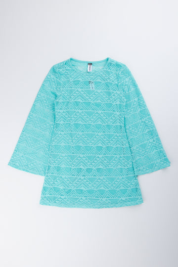 Aqua Crochet Bell Sleeve Dress