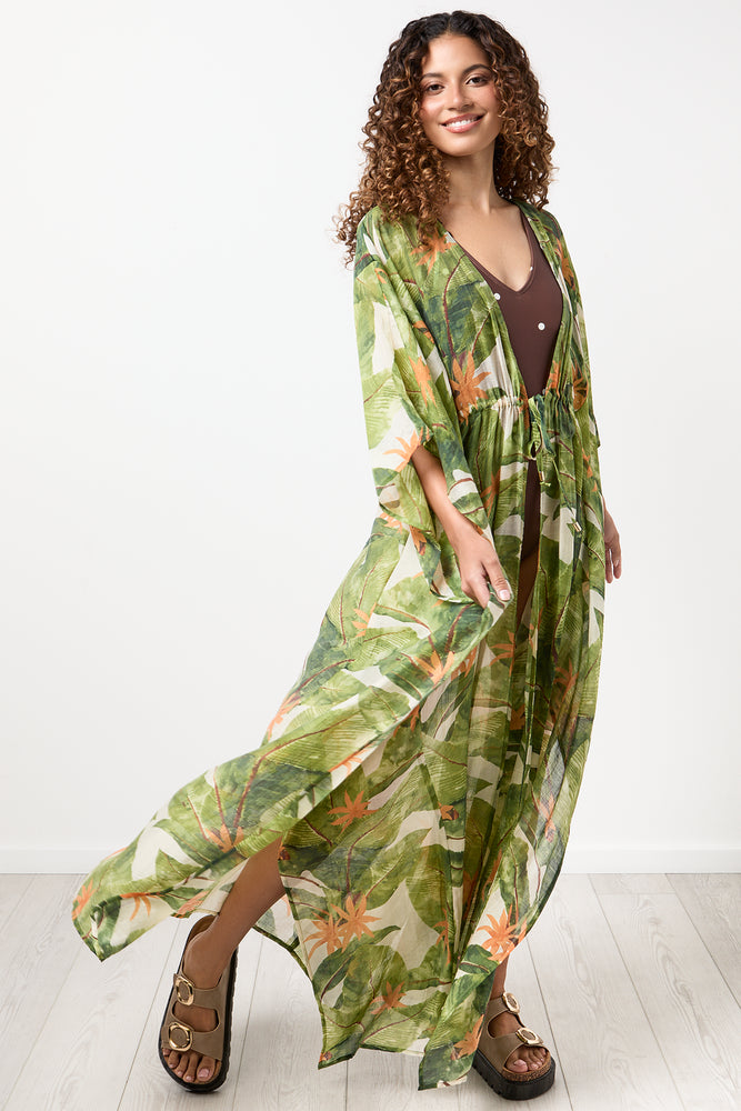 Tropical Leafy Print Maxi Kaftan