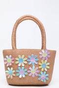 Stone Flower Detail Straw Handbag