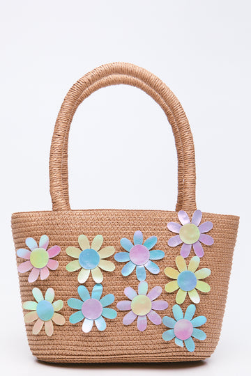 Stone Flower Detail Straw Handbag