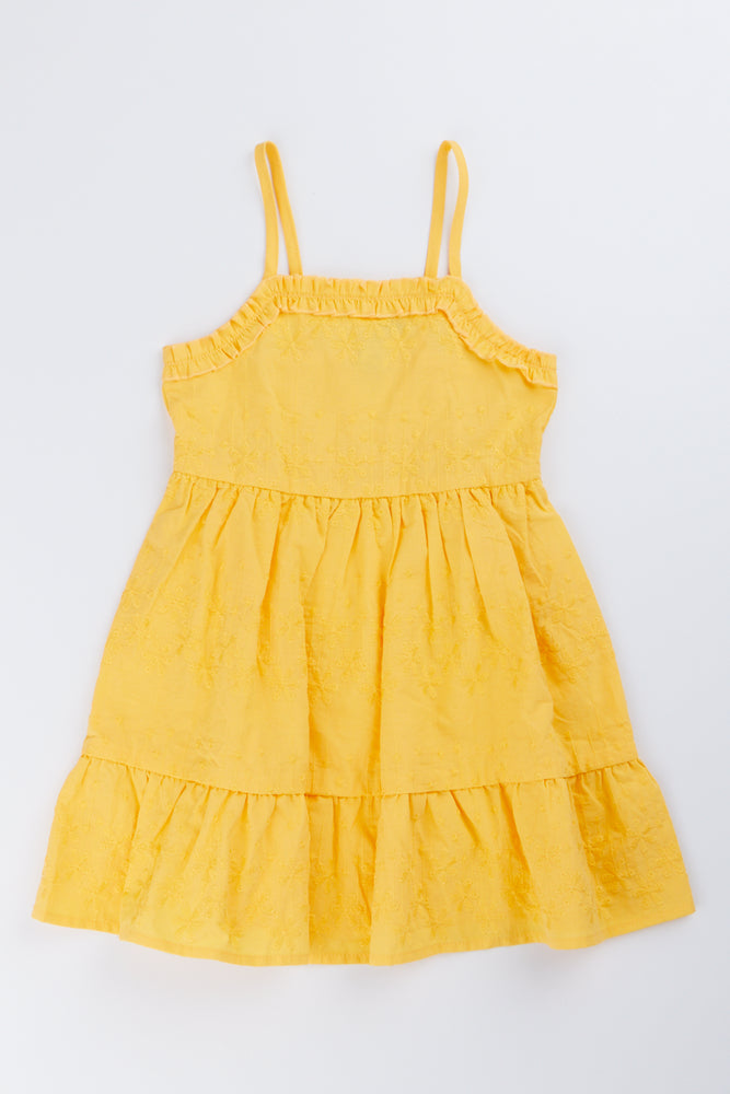 Yellow Embroidered Tiered Dress