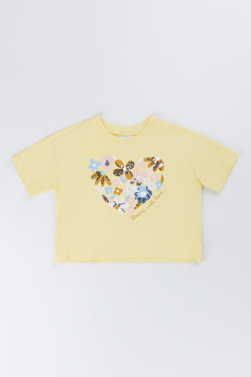 Yellow Floral Sequin Heart T-Shirt