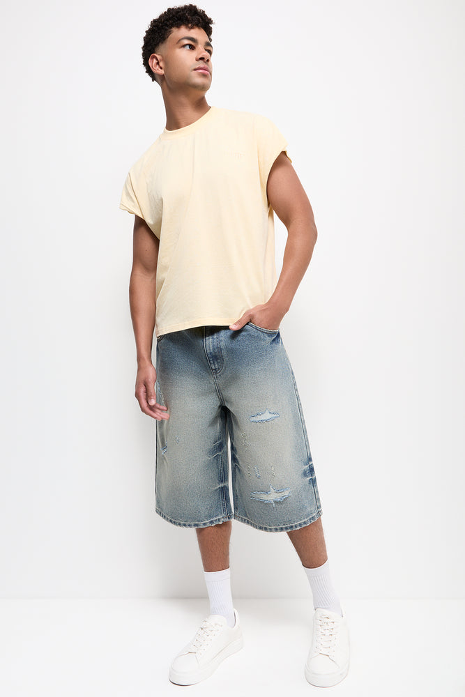 Blue Mid Wash Distressed Denim Shorts