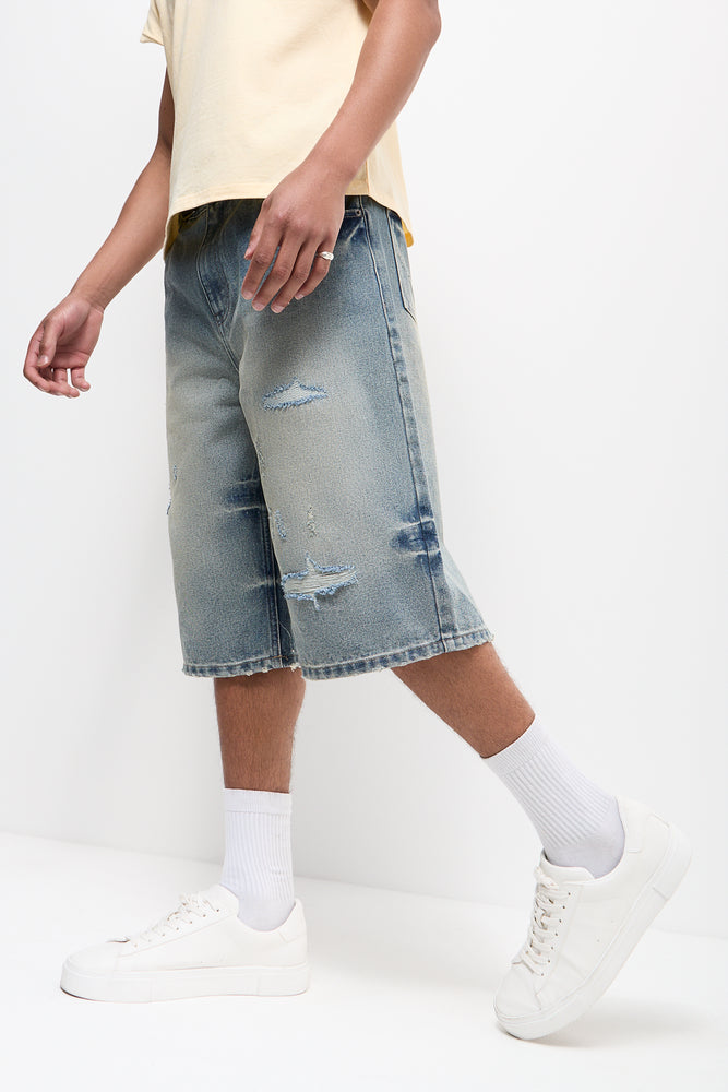 Blue Mid Wash Distressed Denim Shorts (1)