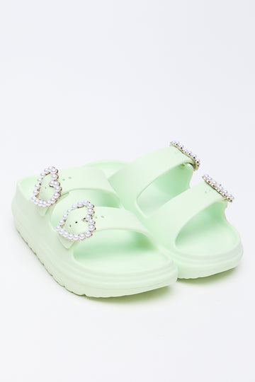 Lime Pearl Buckle Slide Sandals