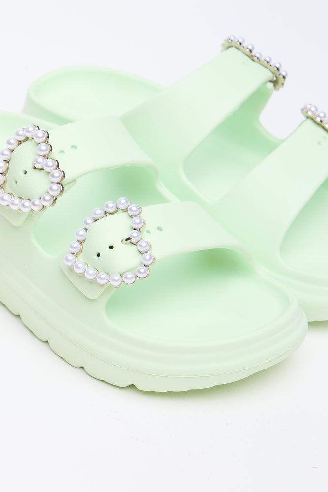 Lime Pearl Buckle Slide Sandals (2)