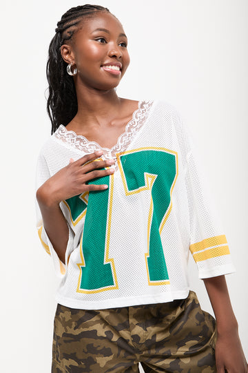 White Lace Detail Cropped Soccer Tee
