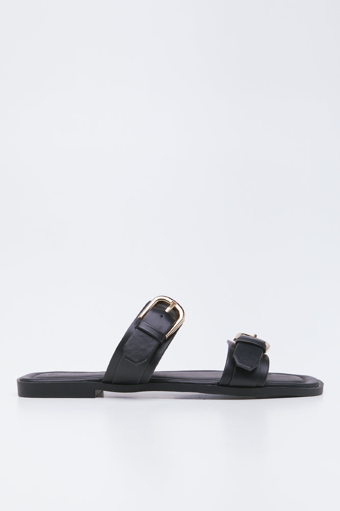 Black Double Buckle Mule Sandals (1)