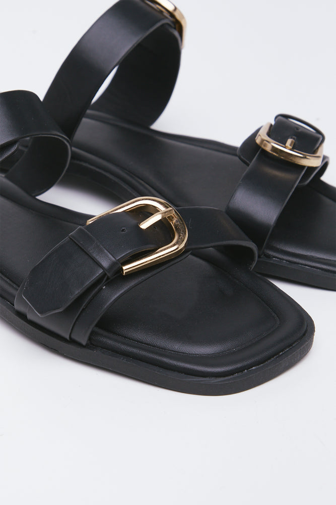 Black Double Buckle Mule Sandals (2)
