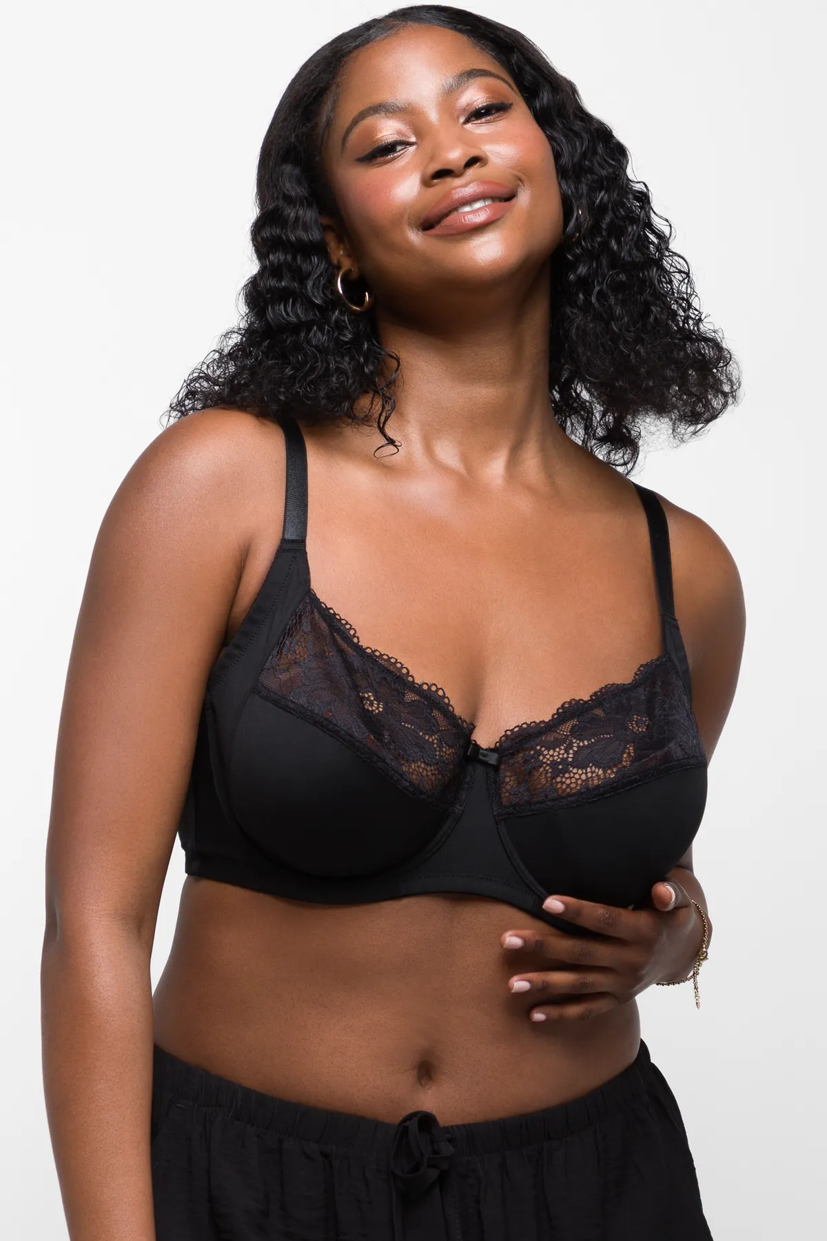 Plus size lace trim non padded wirefree bra black - WOMEN's Bras